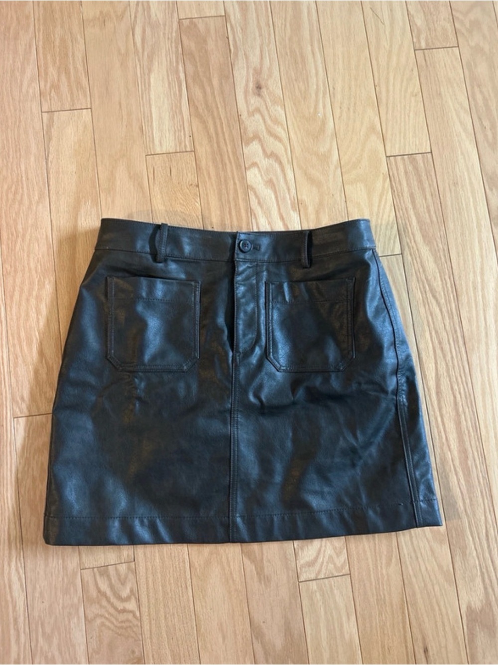 LOFT Chocolate Brown Vegan Leather Mini Skirt with Front Patch Pockets